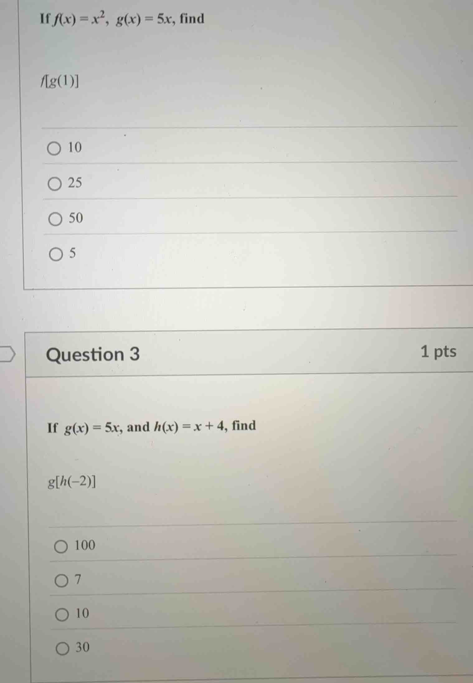 if $f(x)=x^2$, $g(x)=5x$, find $fg(1)$ $\bigcirc$ 10 $\bigcirc$ 25 $\bi…