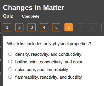 changes in matter quiz complete 1 2 3 4 5 6 7 8 which list includes onl…