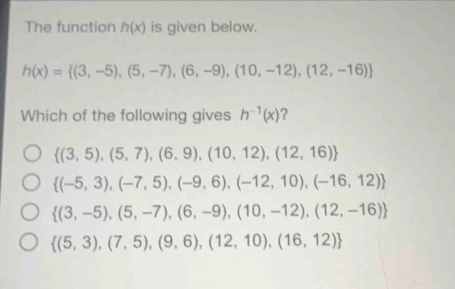 the function $h(x)$ is given below. $h(x) = \\{(3, -5), (5, -7), (6, -9…