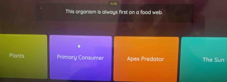 11/20 this organism is always first on a food web. plants primary consu…