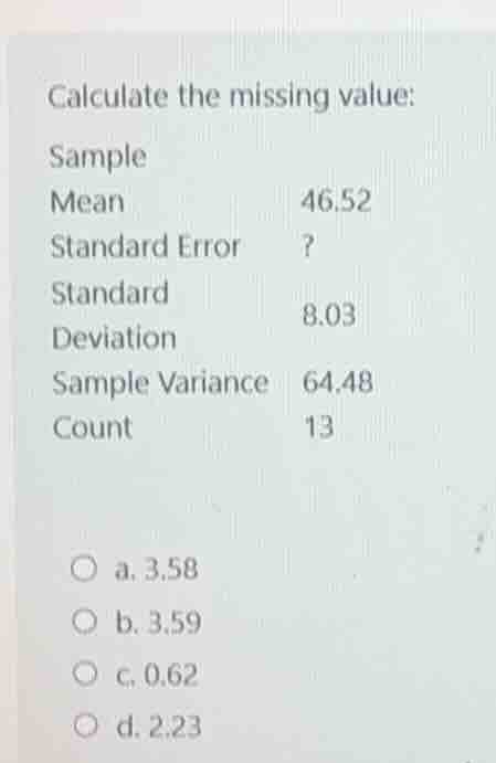 calculate the missing value: sample mean 46.52 standard error ? standar…