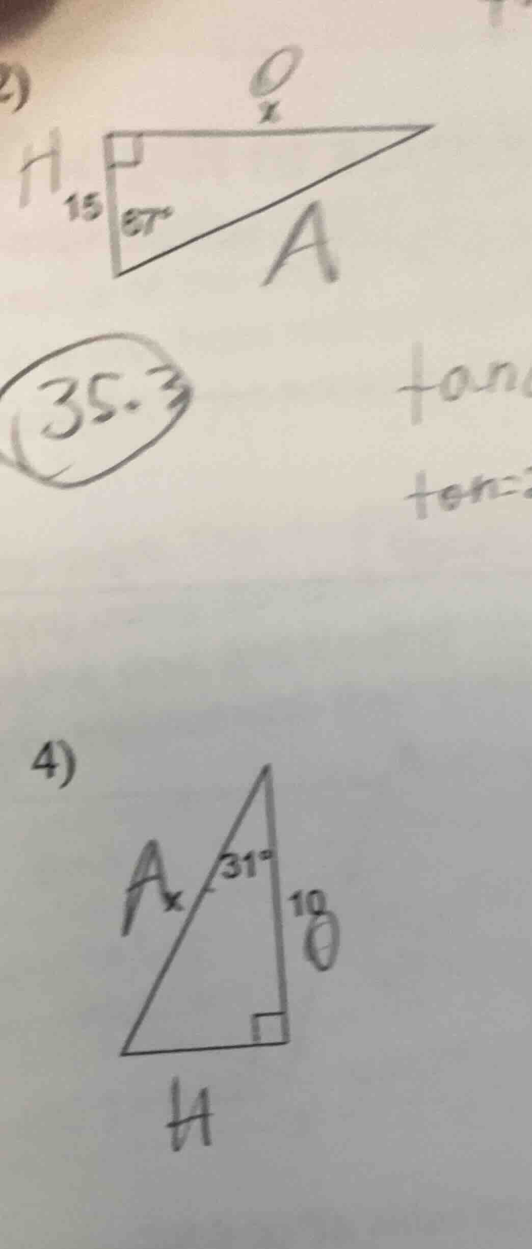 3) a right triangle with one leg length 15, one acute angle 87°, find t…