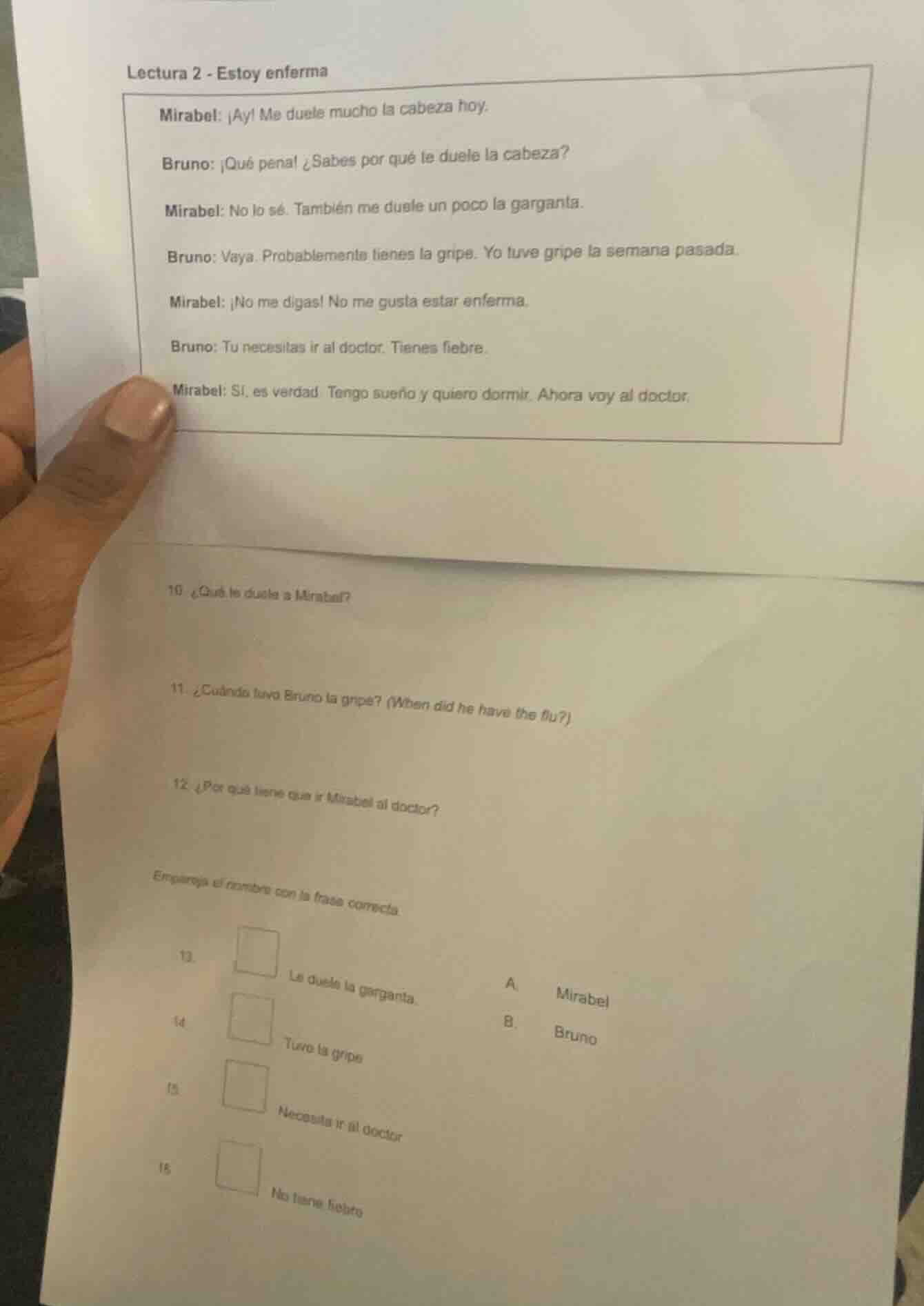 lectura 2 - estoy enferma mirabel: ¡ay! me duele mucho la cabeza hoy. b…