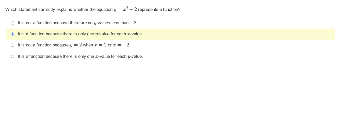 which statement correctly explains whether the equation $y = x^2 - 2$ r…