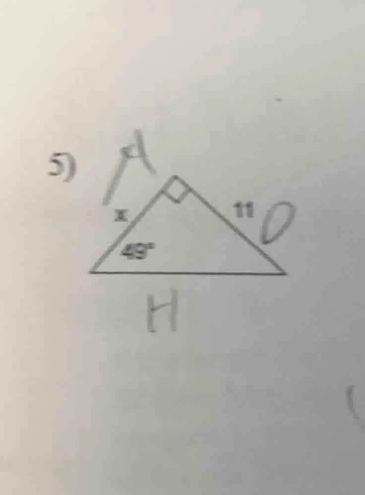 5) in a right triangle, one acute angle is 49°, the length of one leg i…