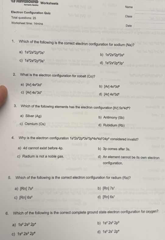 waveground worksheets name electron configuration quiz class total ques…