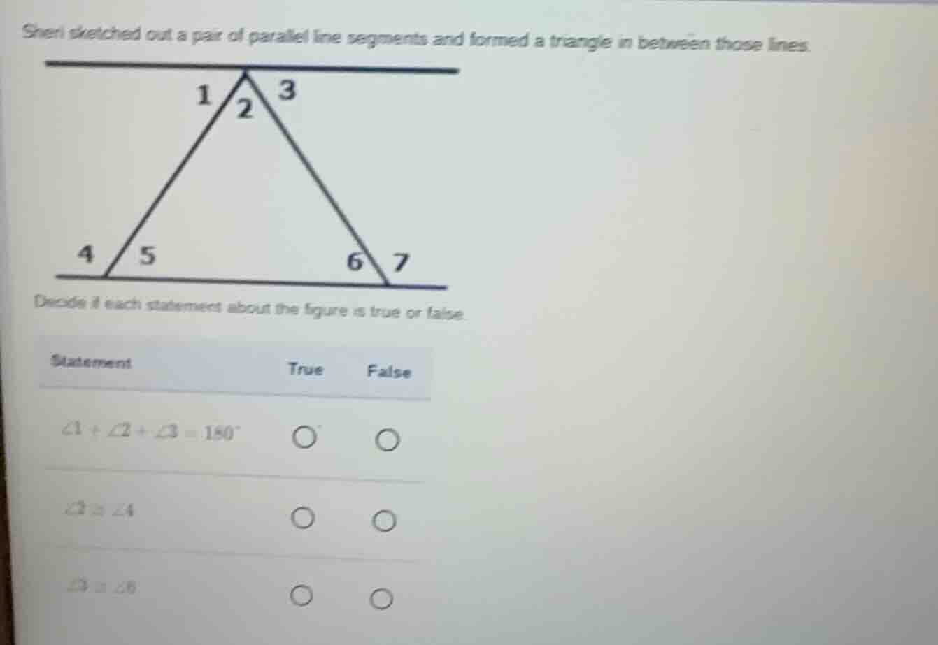 sheri sketched out a pair of parallel line segments and formed a triang…