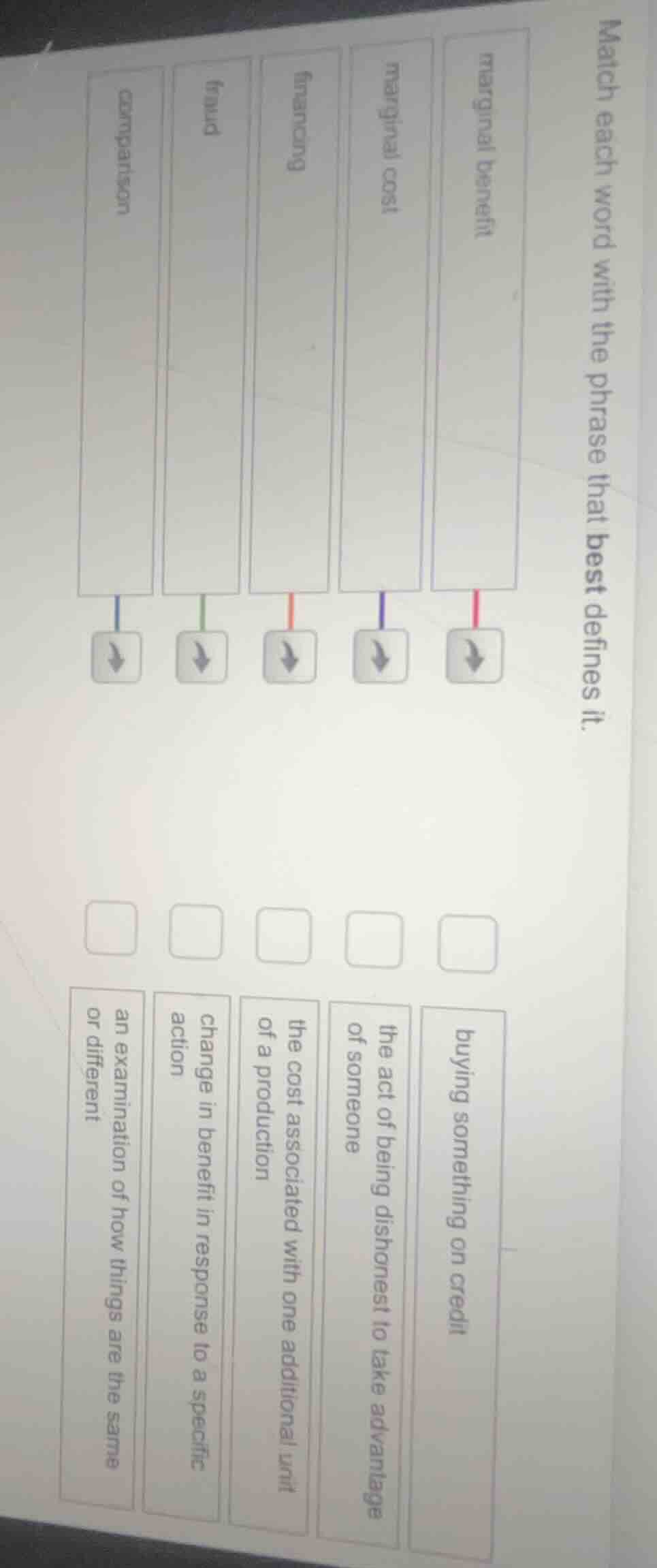 match each word with the phrase that best defines it. marginal benefit …