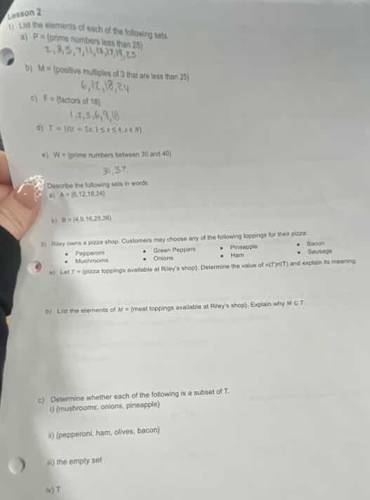 lesson 2 1) list the elements of each of the following sets. a) p = {pr…