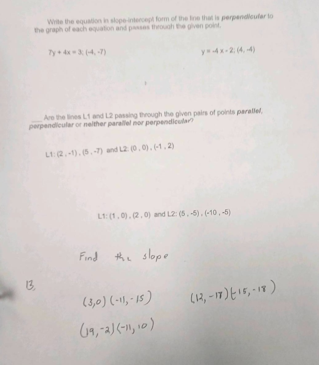 write the equation in slope-intercept form of the line that is perpendi…