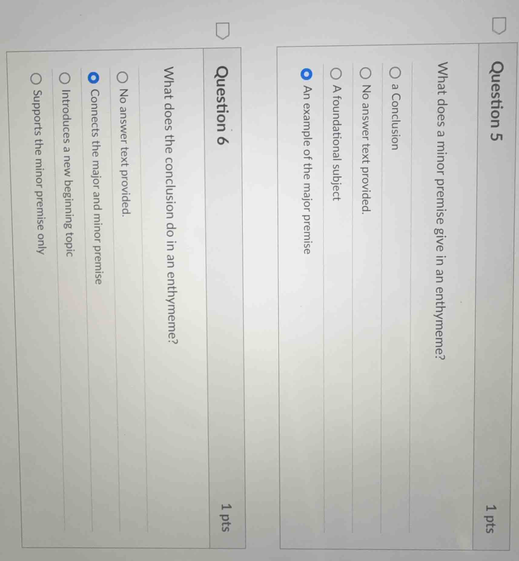 question 51 ptswhat does a minor premise give in an enthymeme?○ a concl…