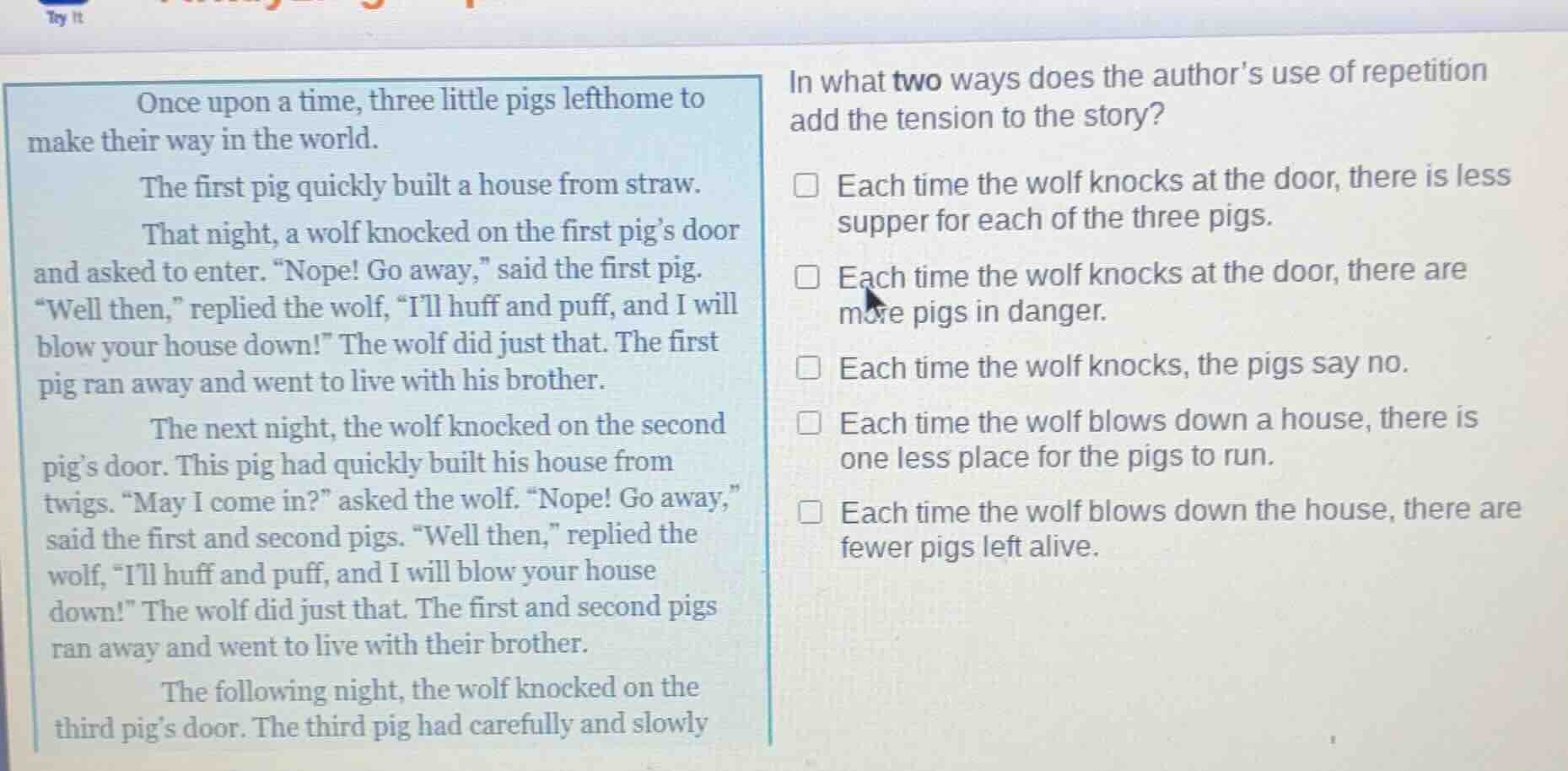 once upon a time, three little pigs lefthome to make their way in the w…