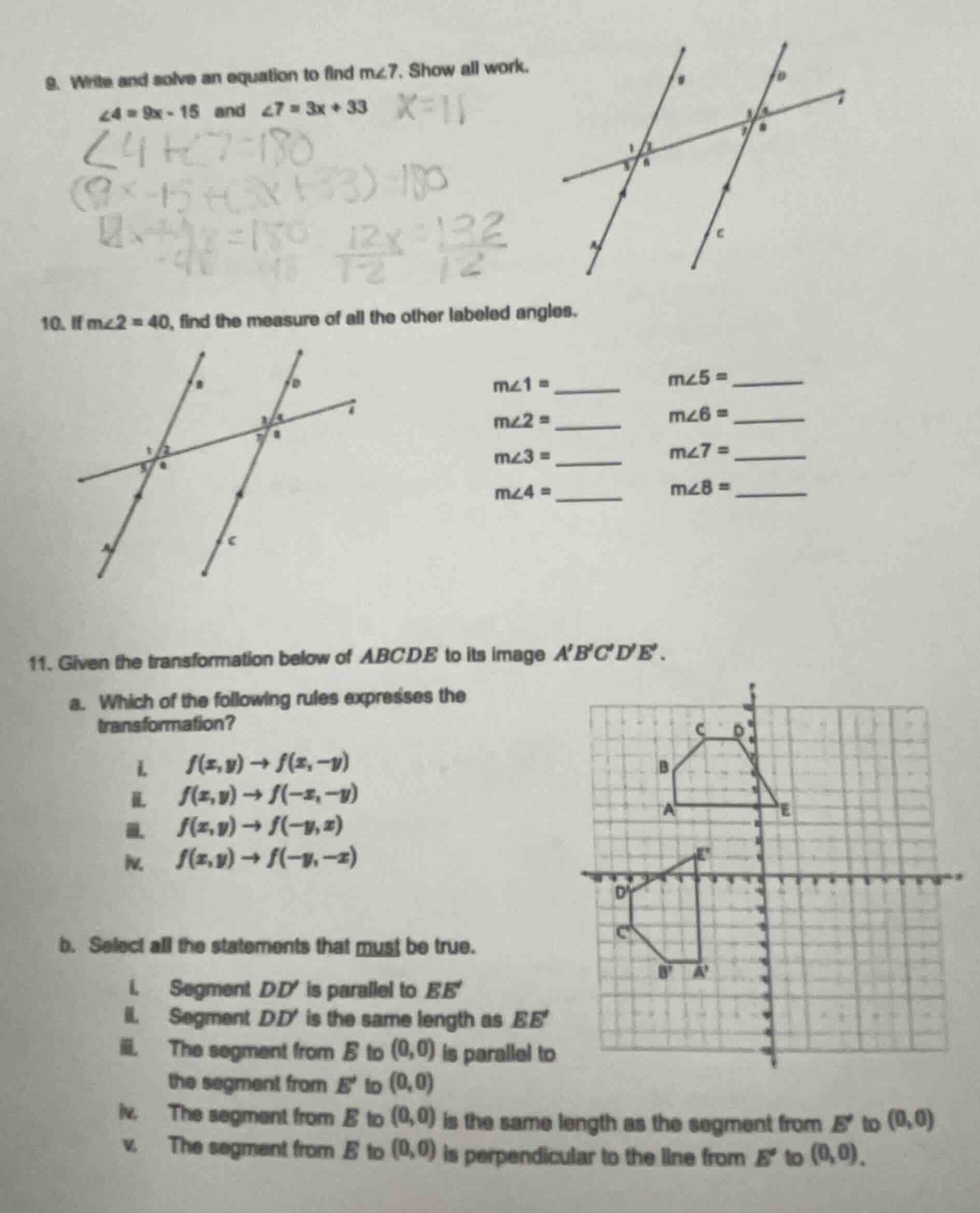 9. write and solve an equation to find $m\\angle7$. show all work.$\\an…
