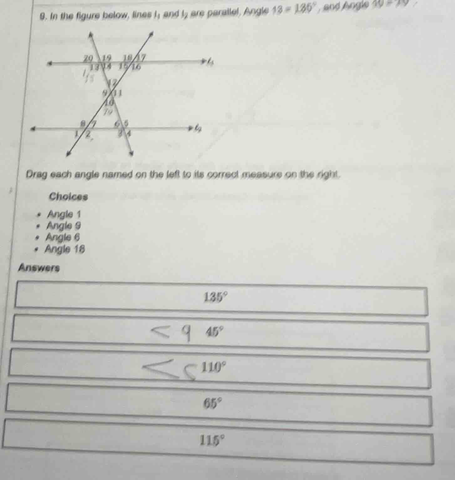 9. in the figure below, lines $l_1$ and $l_2$ are parallel, angle 13 = …