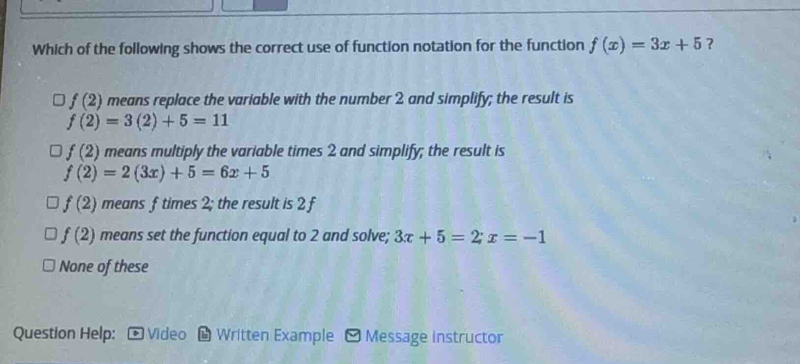which of the following shows the correct use of function notation for t…