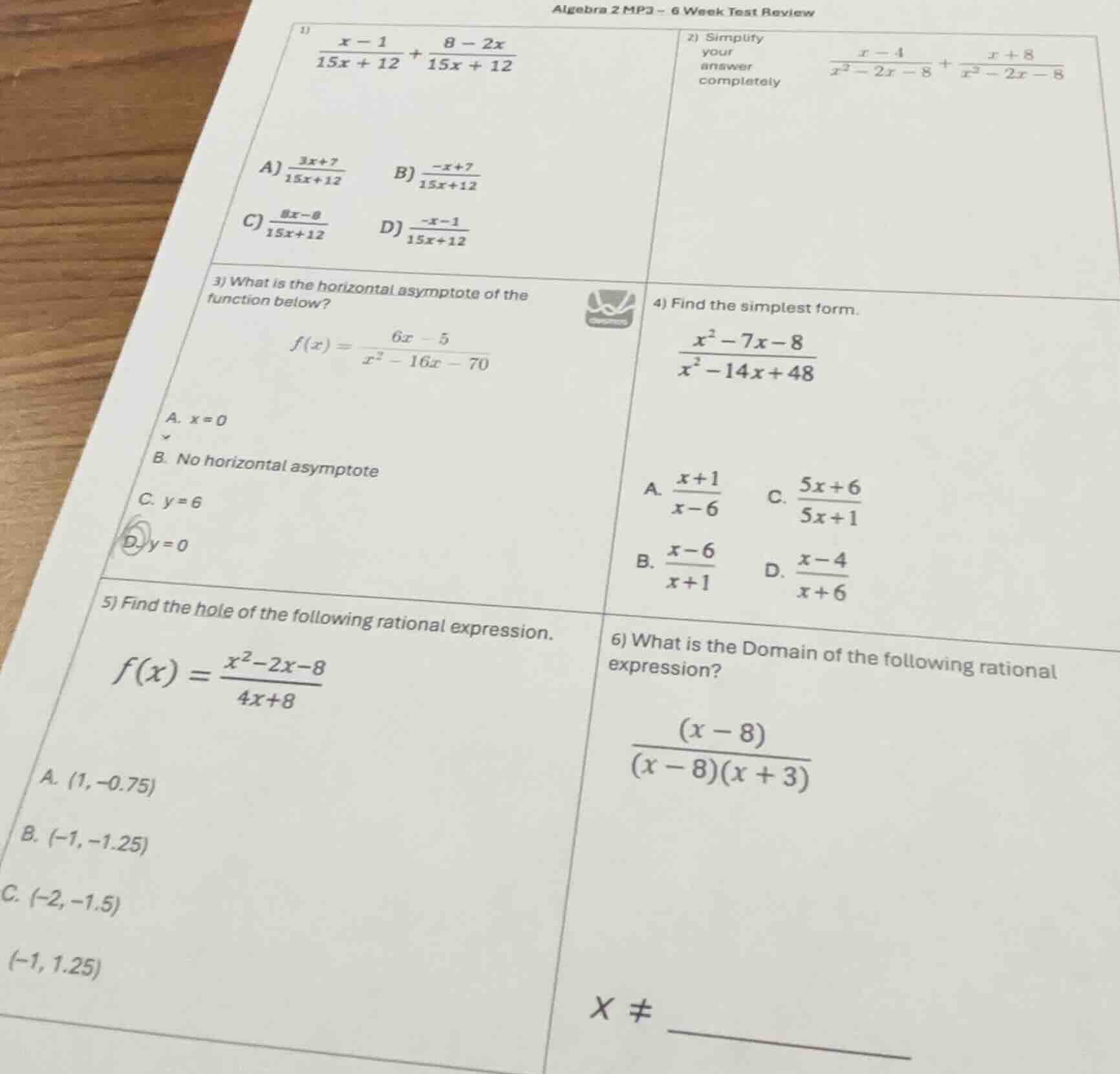 algebra 2 mp3 - 6 week test review 1) $\frac{x - 1}{15x + 12}+\frac{8 -…