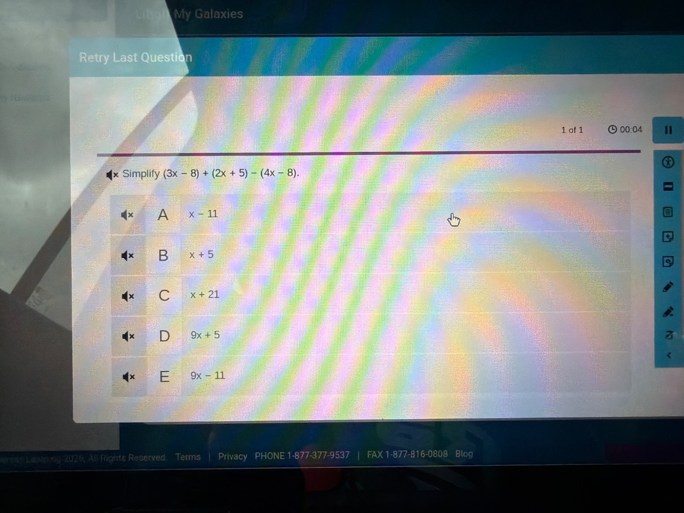 retry last question 1 of 1 simplify $(3x - 8) + (2x + 5) - (4x - 8)$. a…