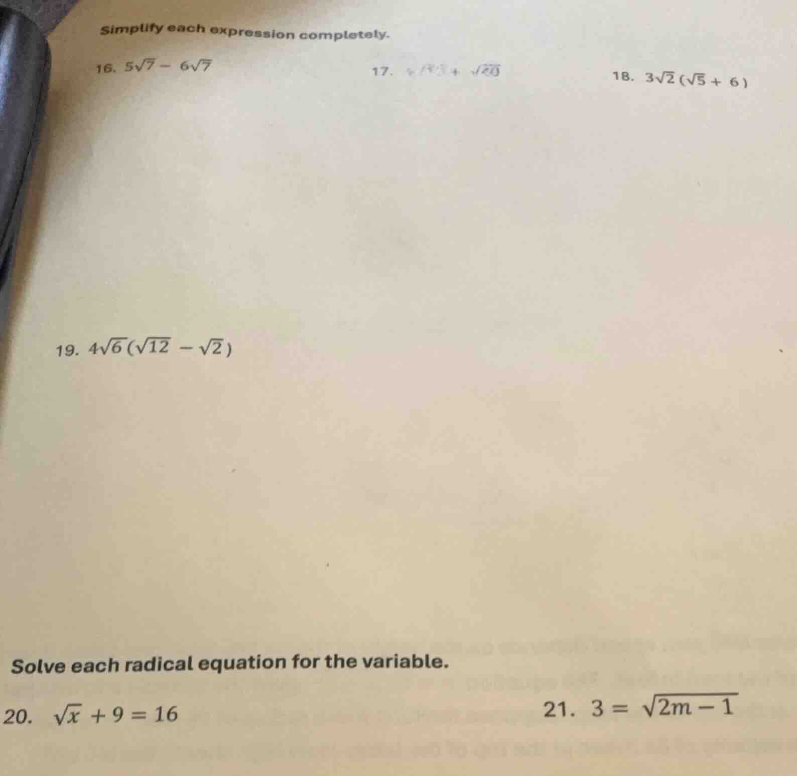 simplify each expression completely. 16. $5\\sqrt{7}-6\\sqrt{7}$ 17. $\…
