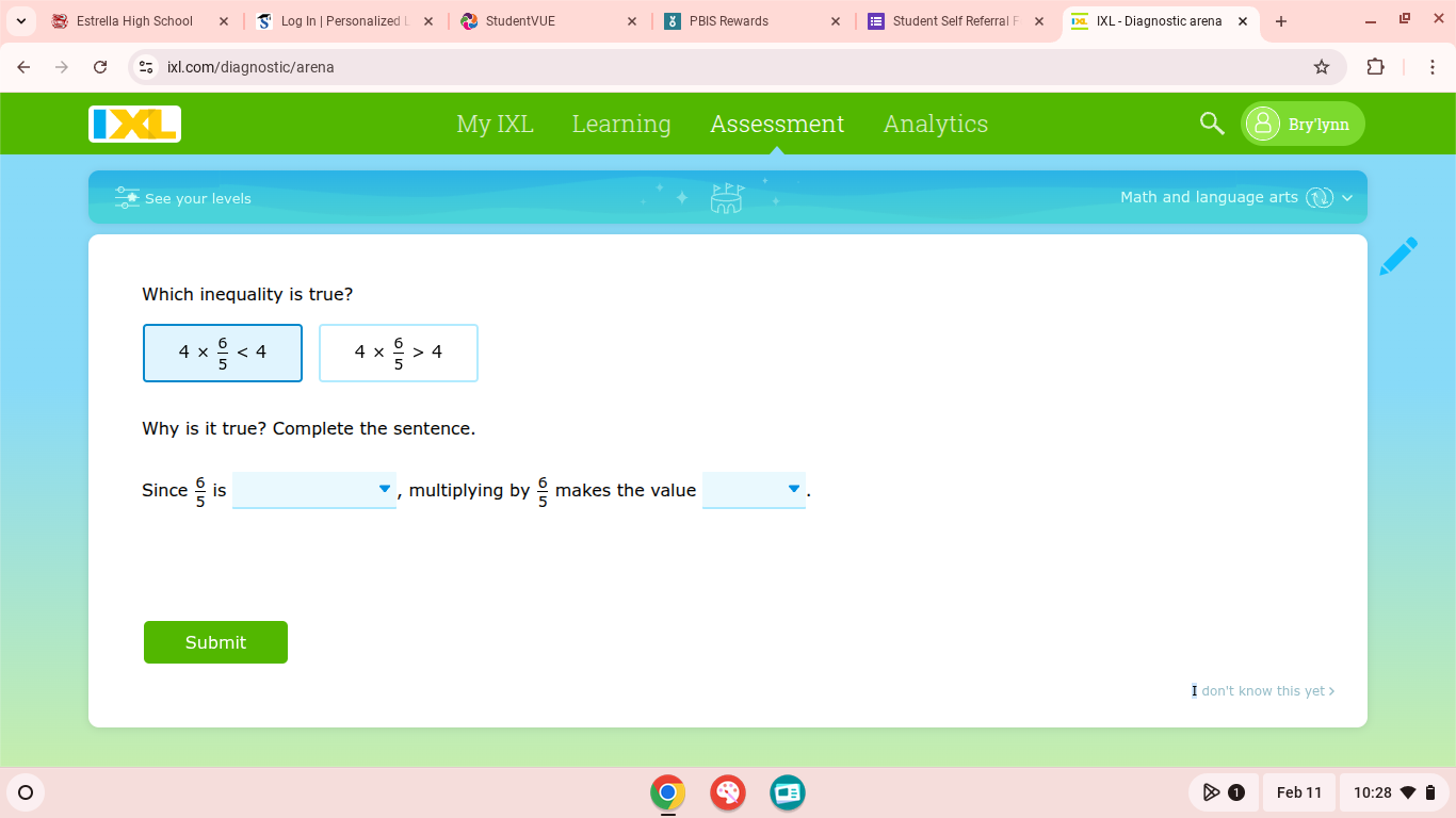 which inequality is true? $4 \\times \\frac{6}{5} < 4$ $4 \\times \\fra…