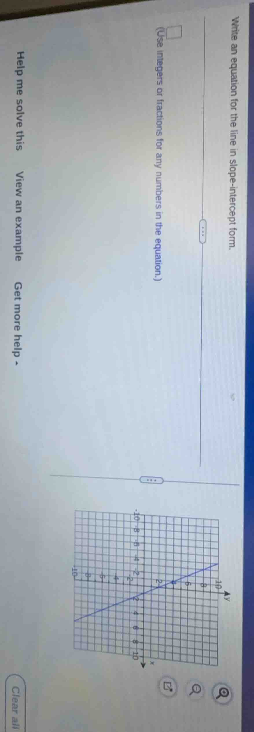 write an equation for the line in slope-intercept form.(use integers or…