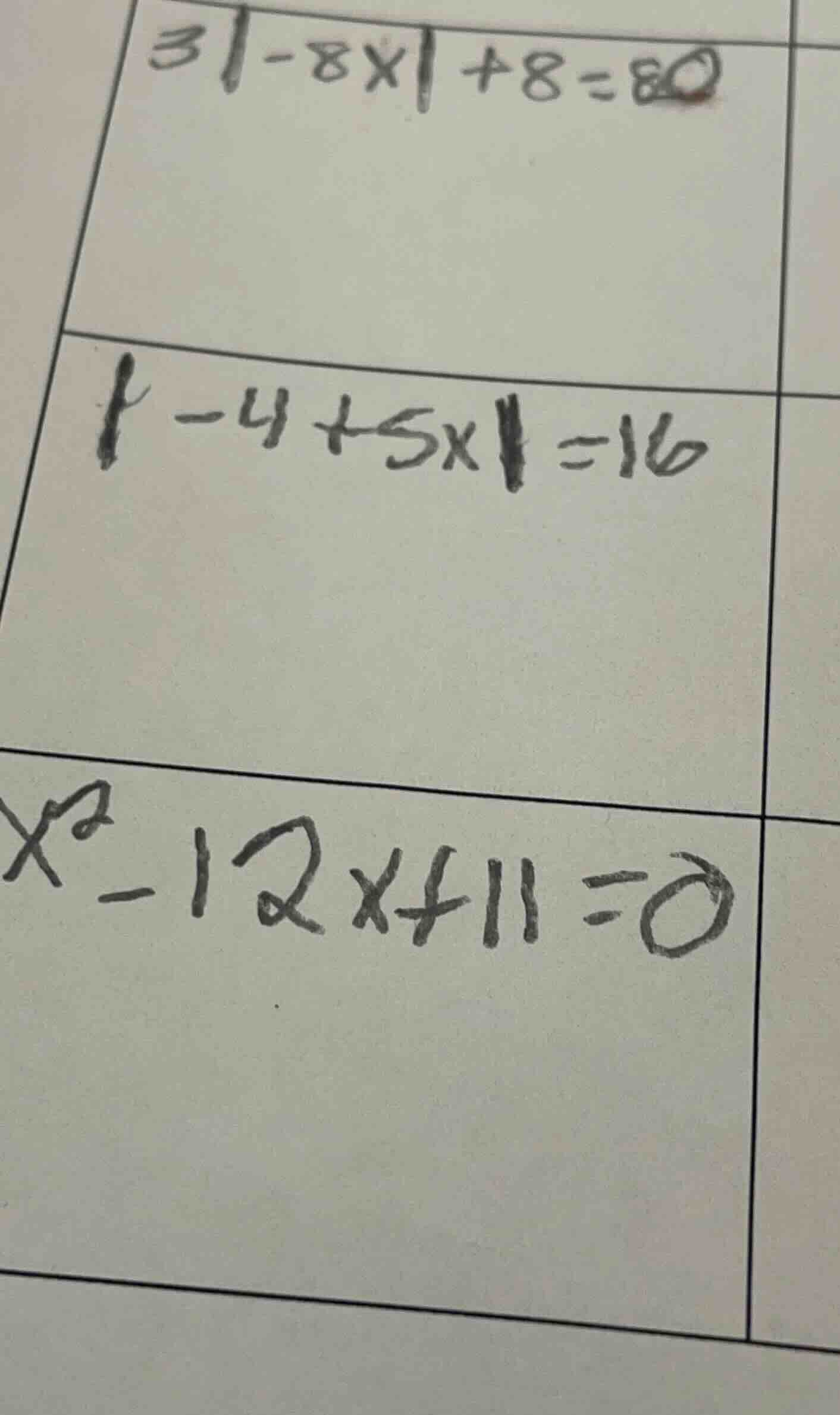 $3|-8x|+8=80$ $|-4+5x|=16$ $x^2-12x+11=0$