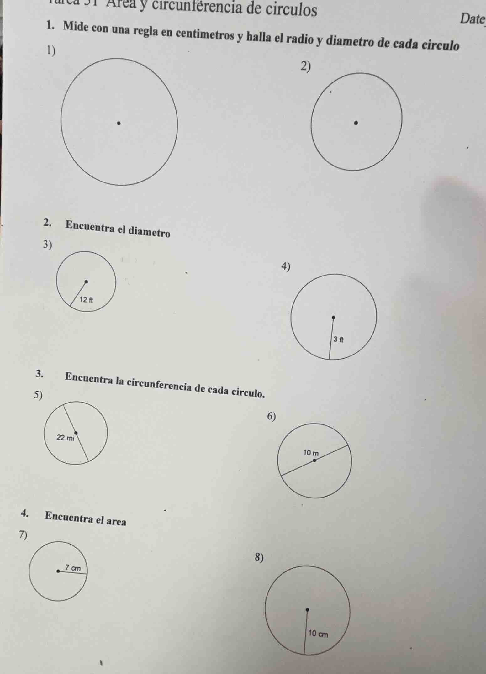 area y circunferencia de circulos date 1. mide con una regla en centime…