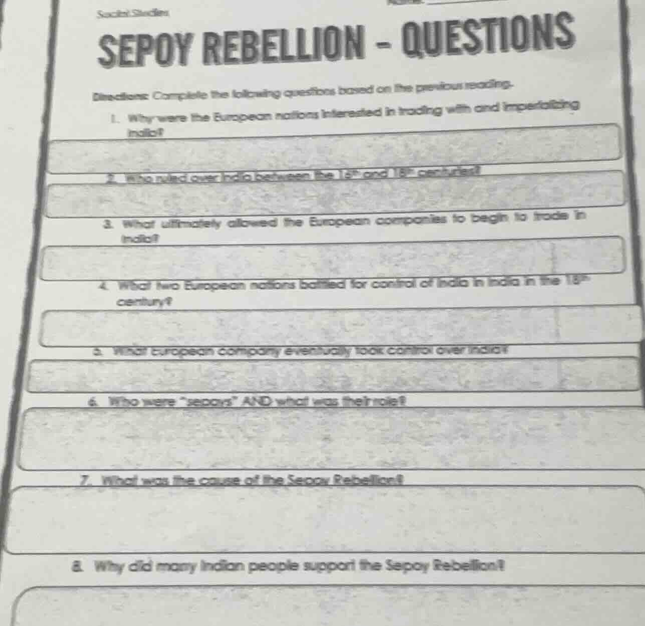 social studies sepoy rebellion - questions directions: complete the fol…