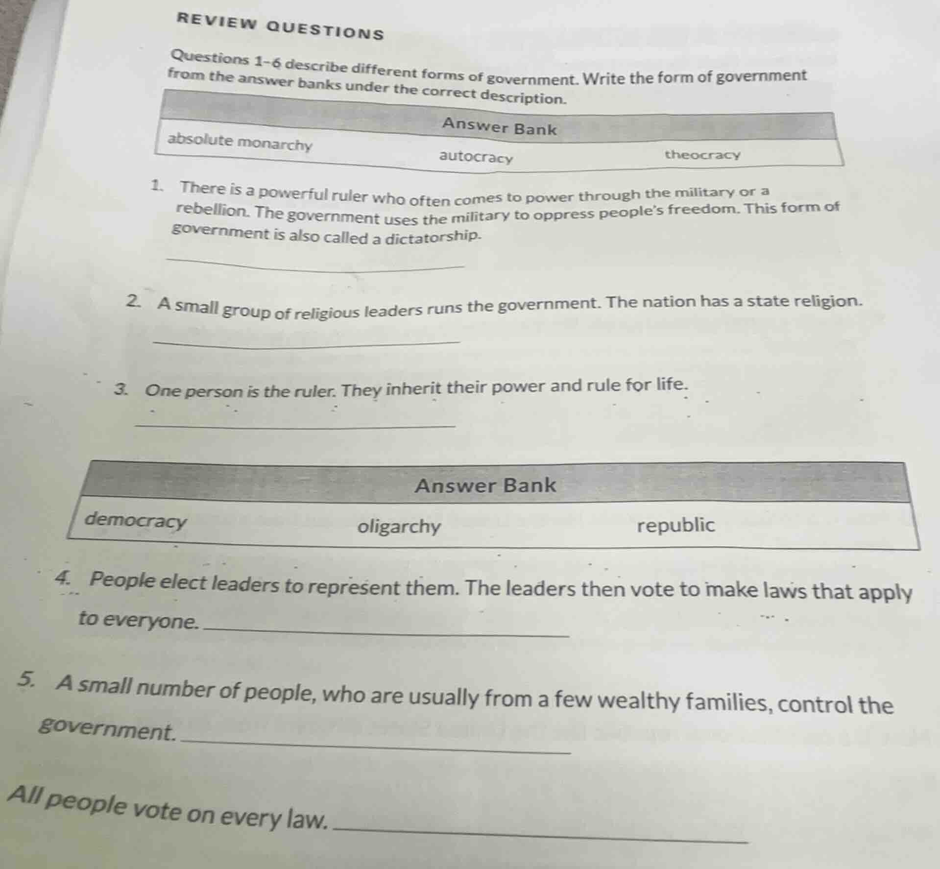 review questions questions 1-6 describe different forms of government. …