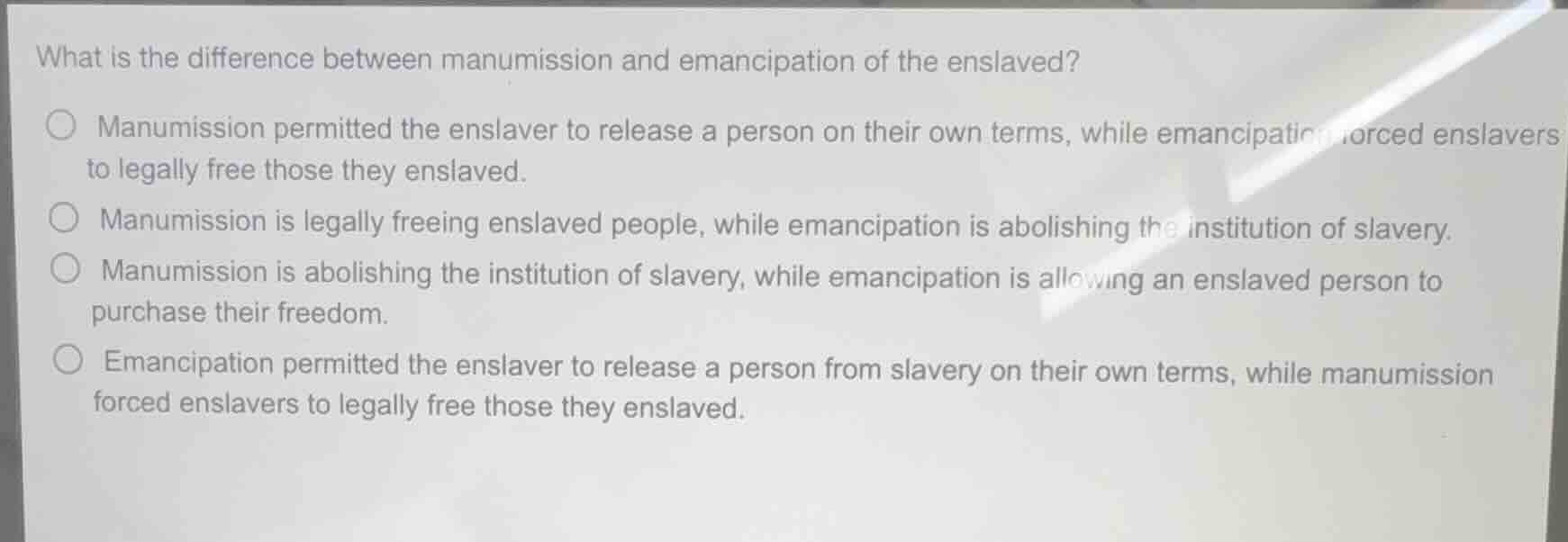 what is the difference between manumission and emancipation of the ensl…