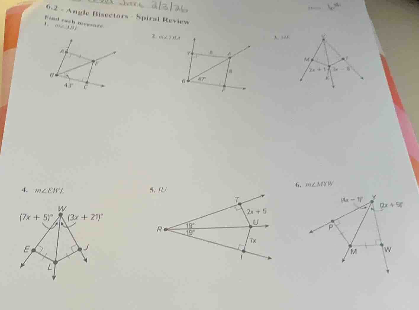 6.2 - angle bisectors - spiral review find each measure. 1. $m\\angle a…