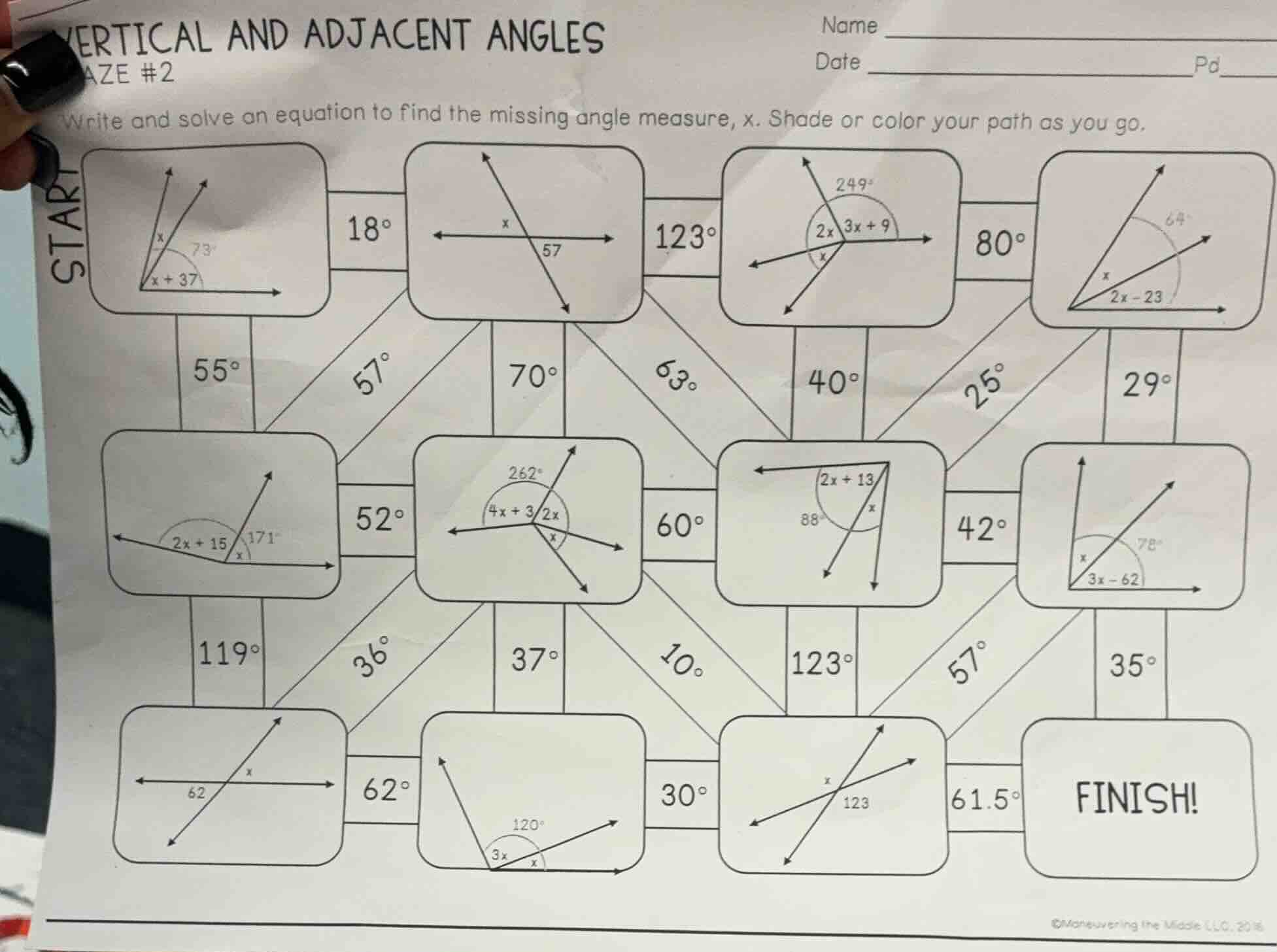 vertical and adjacent anglesmaze #2name date pdwrite and solve an equat…