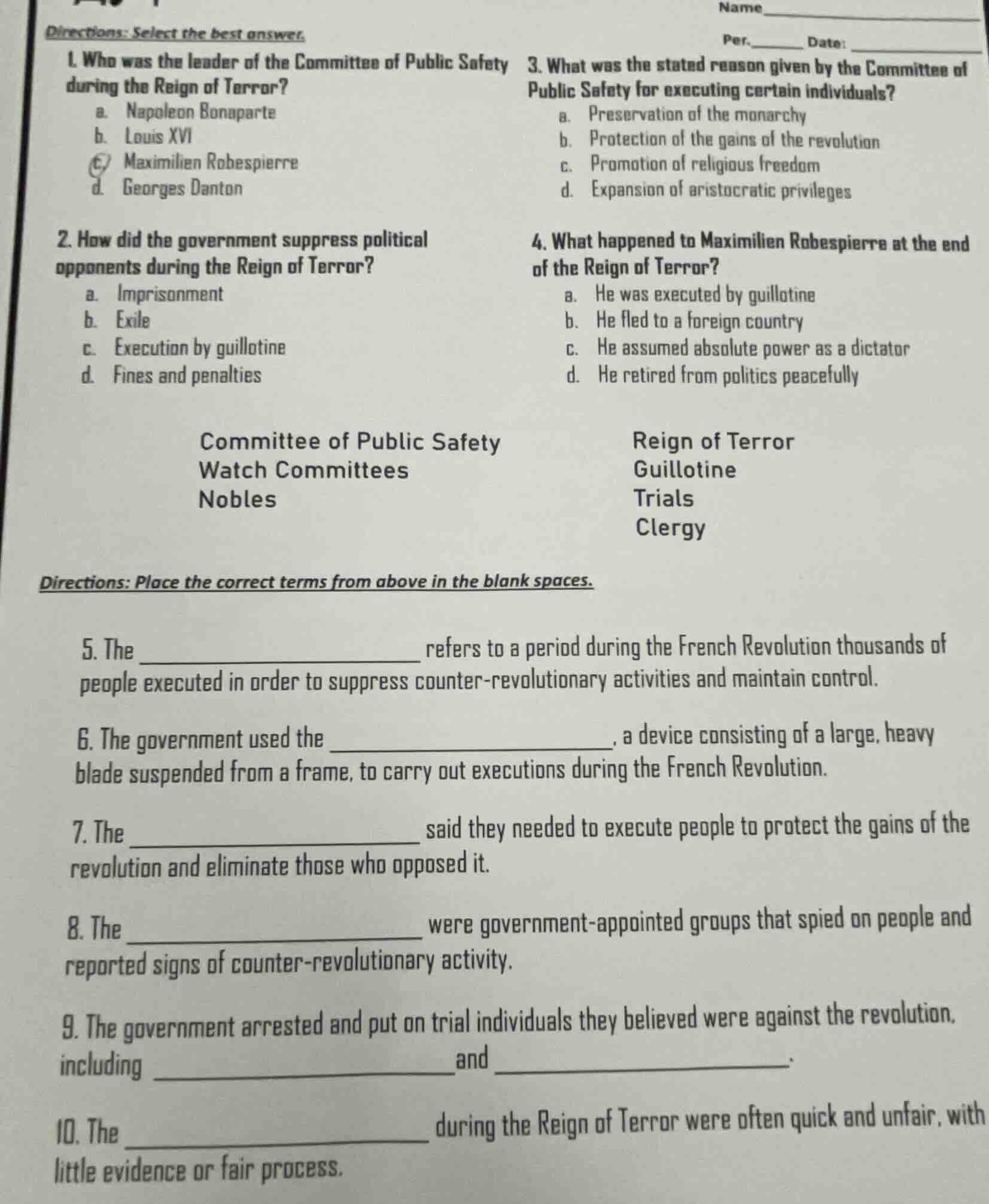 name__________ directions: select the best answer. per.______ date: ___…