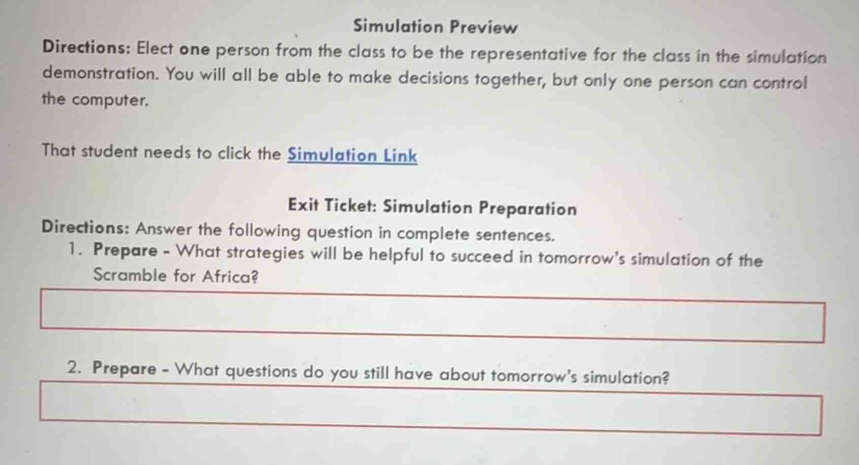 simulation preview directions: elect one person from the class to be th…