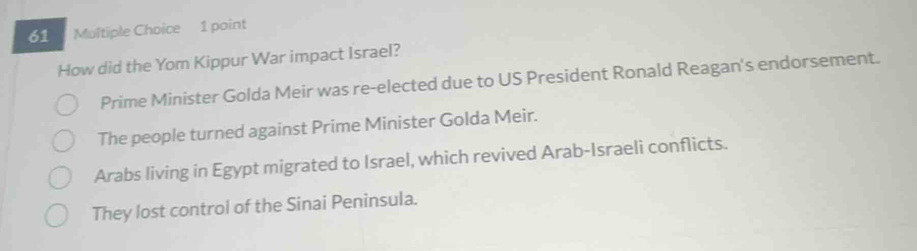 61 multiple choice 1 point how did the yom kippur war impact israel? pr…