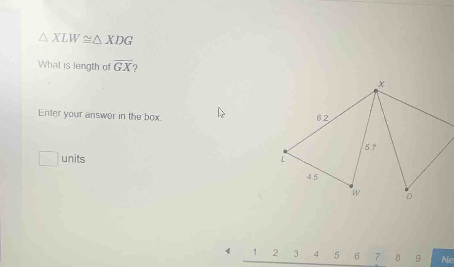 $\\triangle xlw \\cong\\triangle xdg$ what is length of $\\overline{gx}…