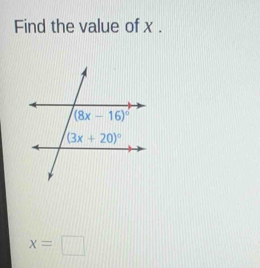 find the value of $x$. $(8x - 16)^\\circ$ $(3x + 20)^\\circ$ $x = \\squ…