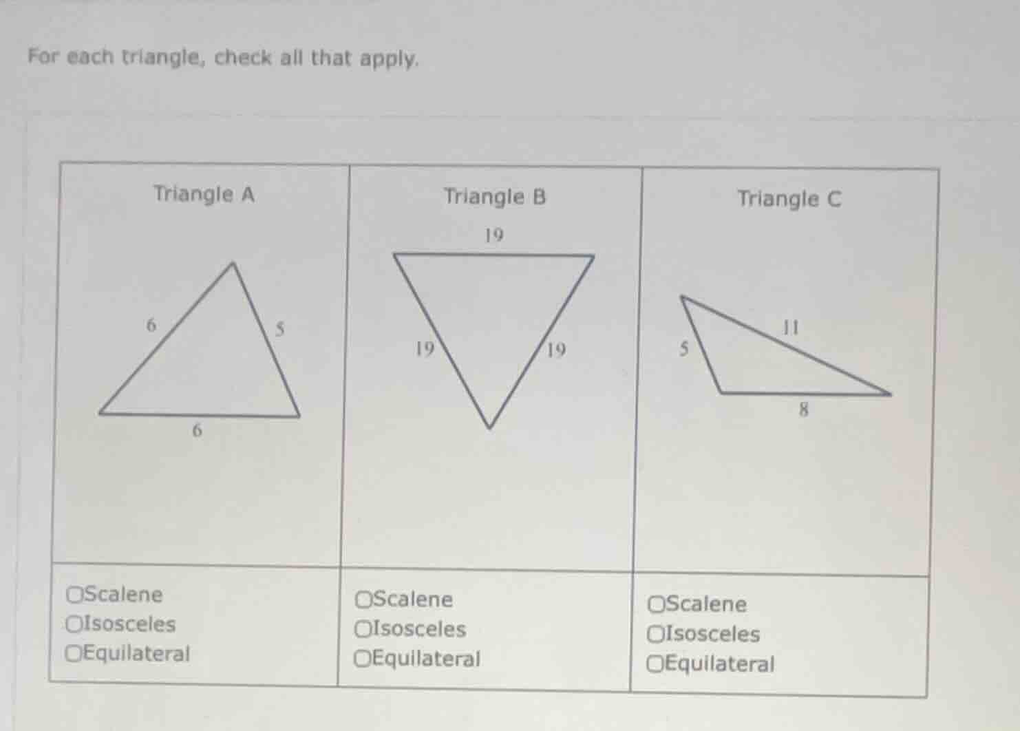 for each triangle, check all that apply. triangle a triangle b triangle…