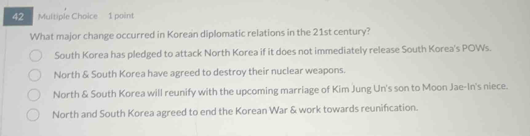 42 multiple choice 1 point what major change occurred in korean diploma…