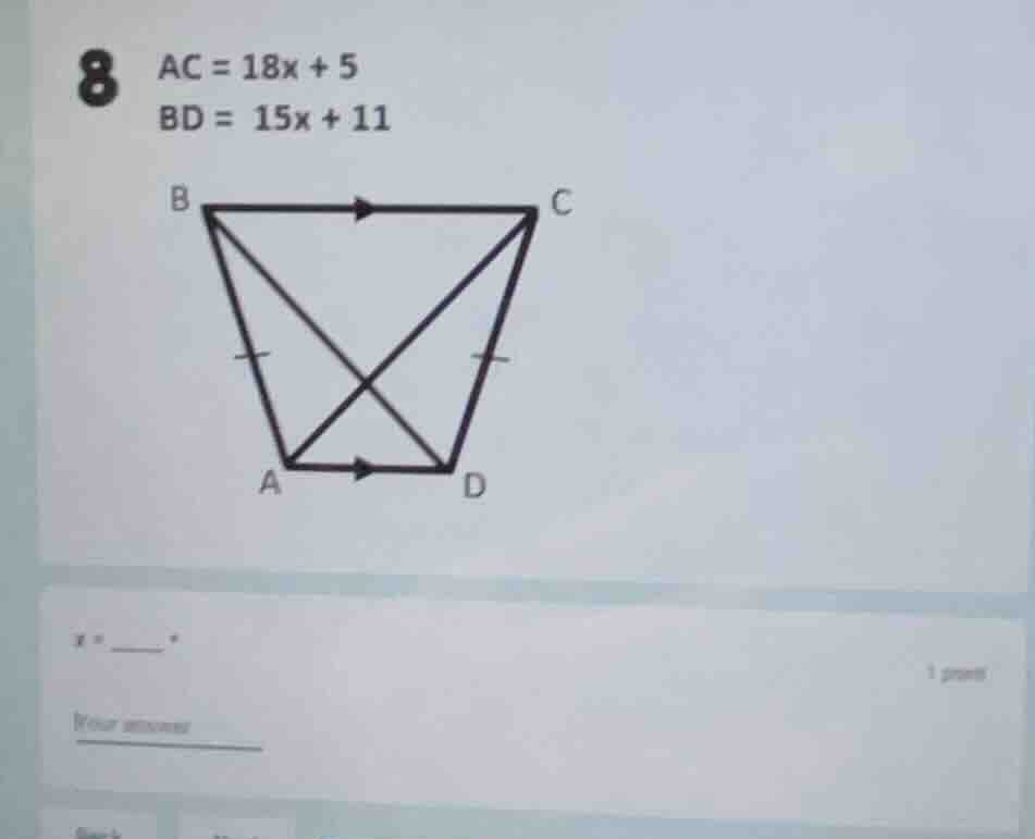 8 $ac = 18x + 5$ $bd = 15x + 11$ $x = \\_\\_\\_\\_$