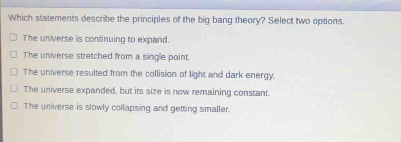 which statements describe the principles of the big bang theory? select…
