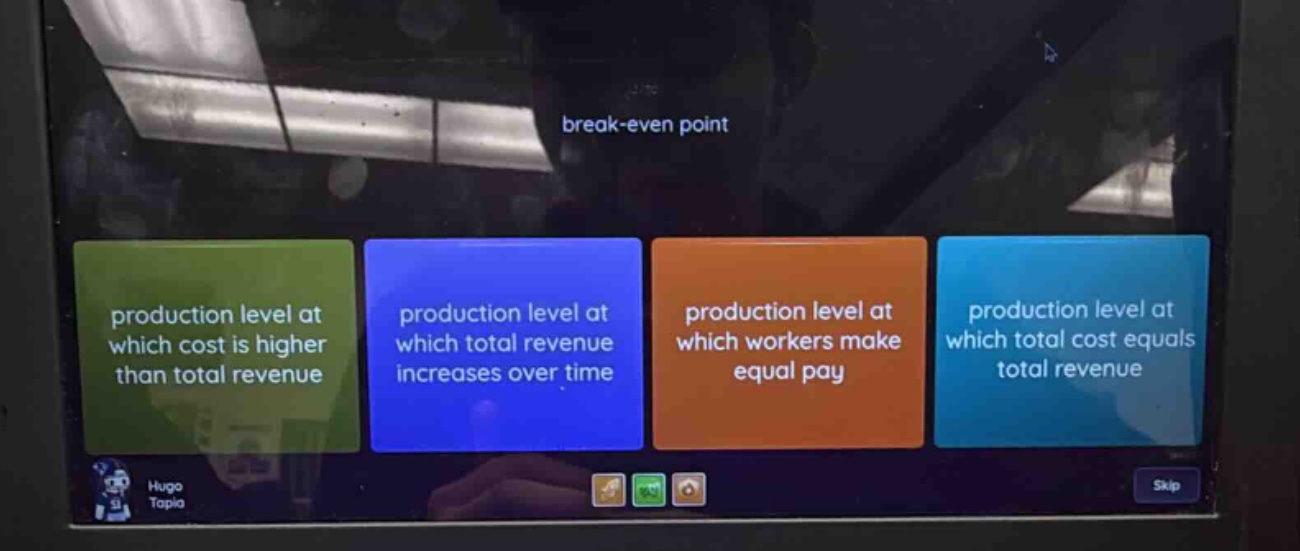 break-even point production level at which cost is higher than total re…