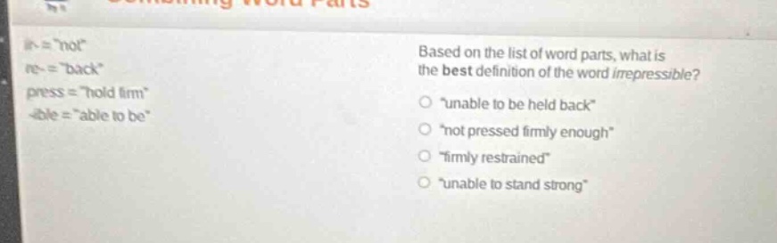 ir- = ot\ re- = \back\ press = \hold firm\ -ible = \able to be\ based o…