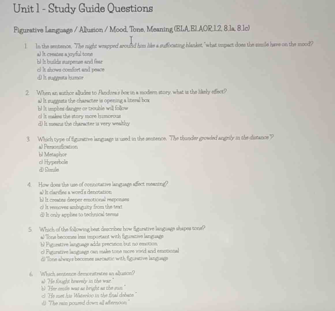 unit 1 - study guide questions figurative language / allusion / mood, t…