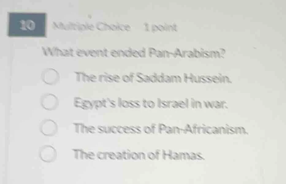 10 multiple choice 1 point what event ended pan-arabism? the rise of sa…