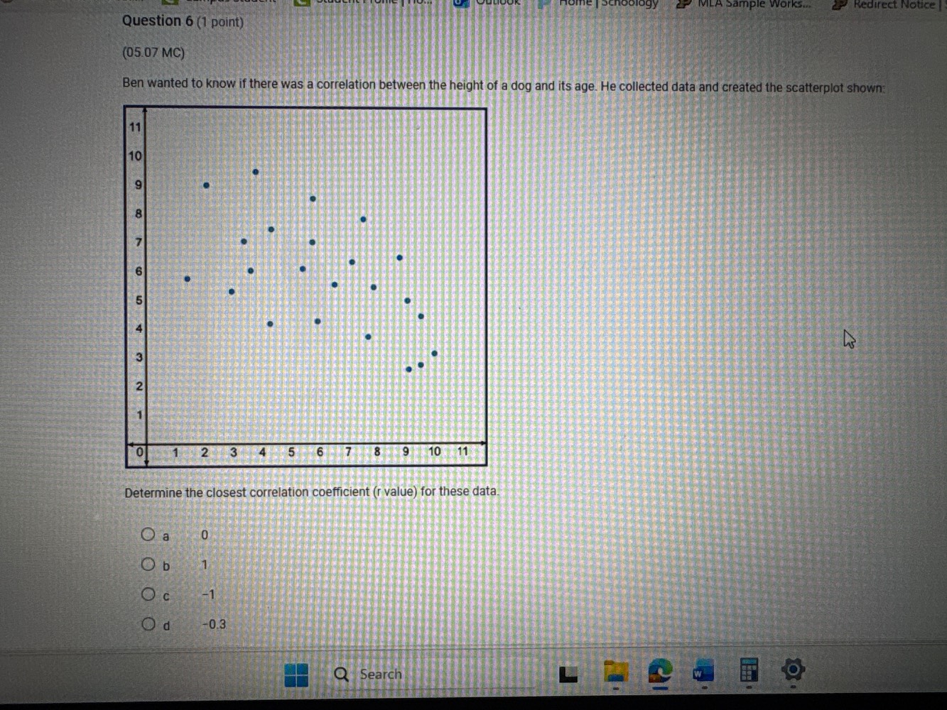 question 6 (1 point)(05.07 mc)ben wanted to know if there was a correla…