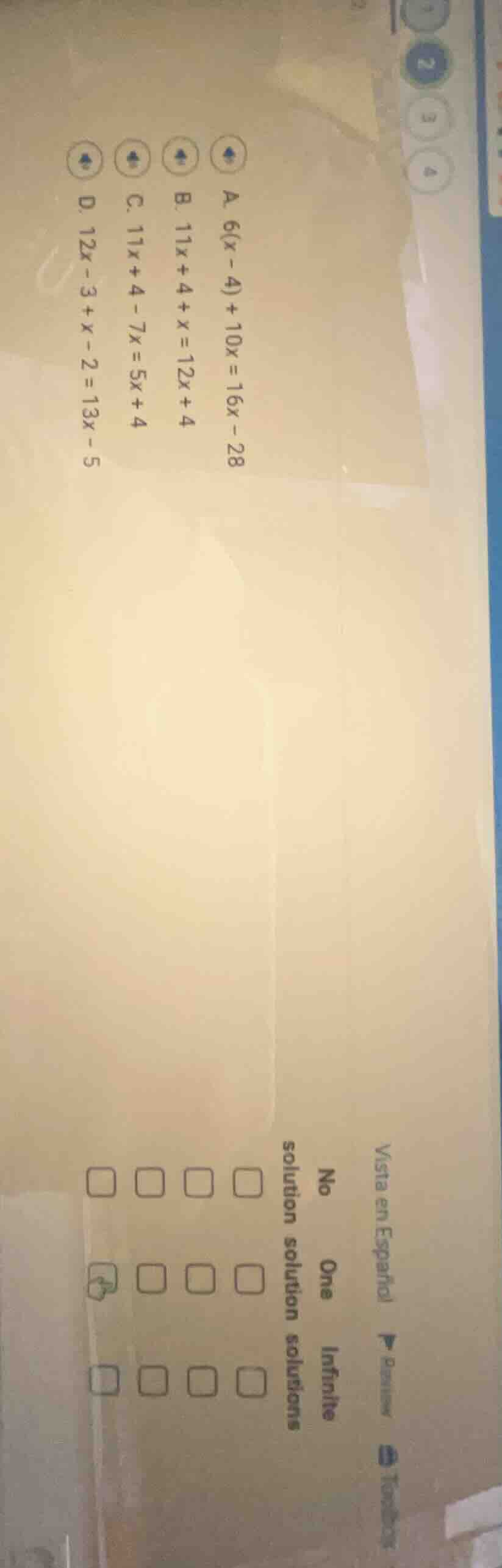 match each equation to the number of solutions it has:a. $6(x - 4)+10x …