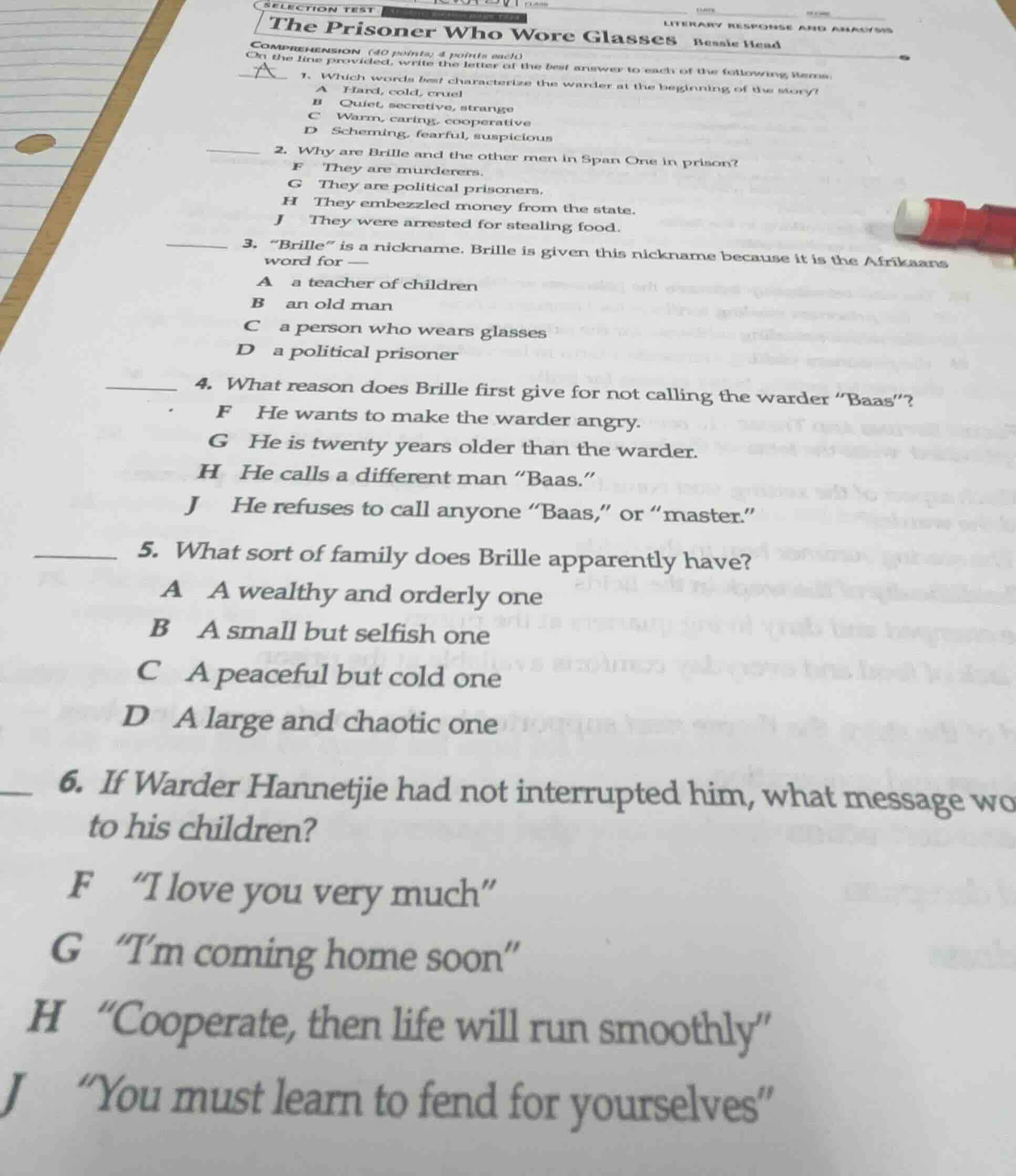 selection testliterary response and analysisthe prisoner who wore glass…