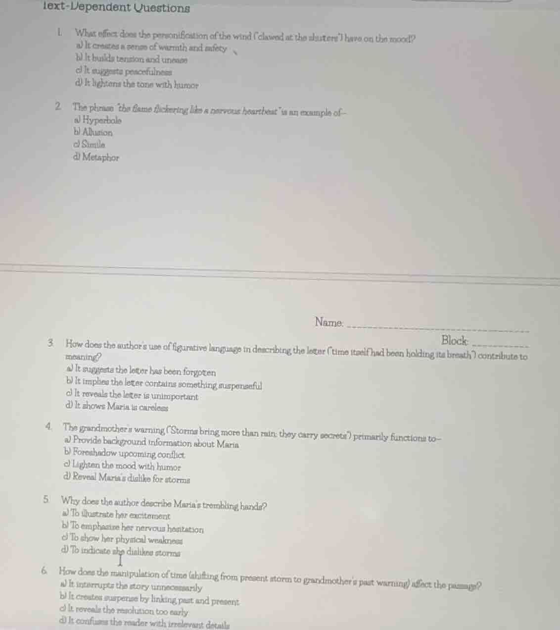 text-dependent questions 1. what effect does the personification of the…