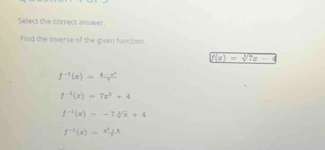 select the correct answer. find the inverse of the given function. $f(x…