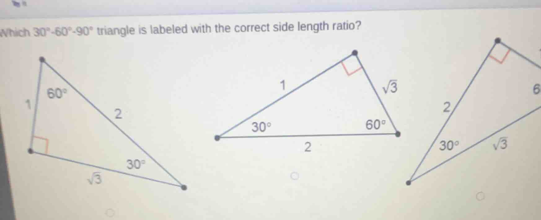 which $30^\\circ$-$60^\\circ$-$90^\\circ$ triangle is labeled with the …